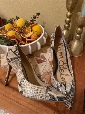 Sam Edelman Black and Beige Snake-Print Pointed Toe Pumps